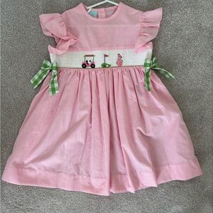 Charming Pink Gingham Kids Dress with Smocked Golf Theme & Green Bows